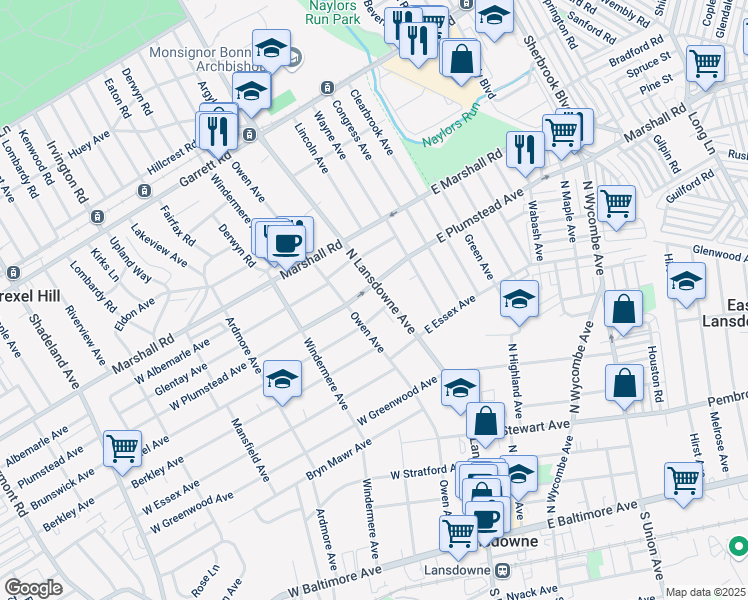 map of restaurants, bars, coffee shops, grocery stores, and more near 9 West Plumstead Avenue in Lansdowne