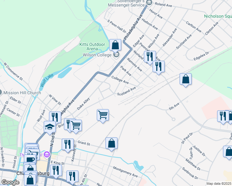 map of restaurants, bars, coffee shops, grocery stores, and more near 938 Wilson Avenue in Chambersburg