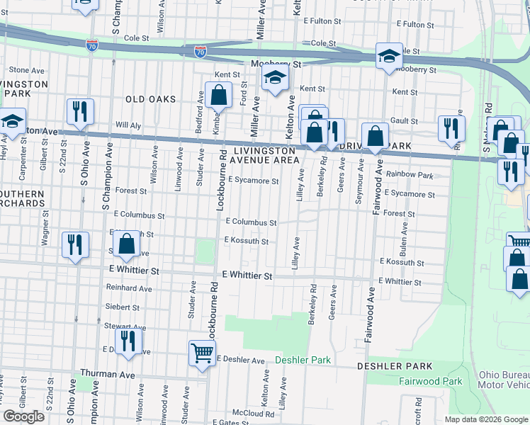 map of restaurants, bars, coffee shops, grocery stores, and more near 976 Ellsworth Avenue in Columbus