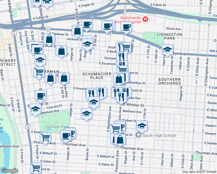 map of restaurants, bars, coffee shops, grocery stores, and more near 483 East Columbus Street in Columbus
