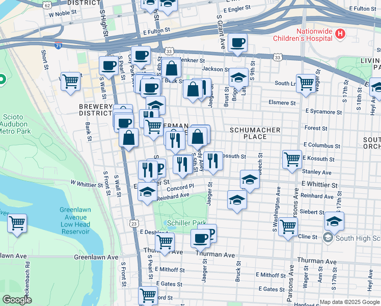 map of restaurants, bars, coffee shops, grocery stores, and more near 795 South 5th Street in Columbus