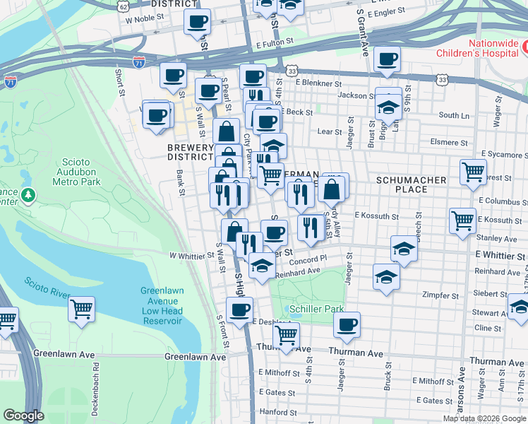 map of restaurants, bars, coffee shops, grocery stores, and more near 779 South 3rd Street in Columbus