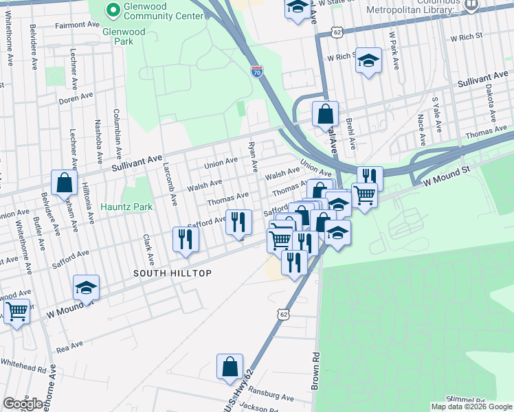 map of restaurants, bars, coffee shops, grocery stores, and more near 1615 Thomas Avenue in Columbus