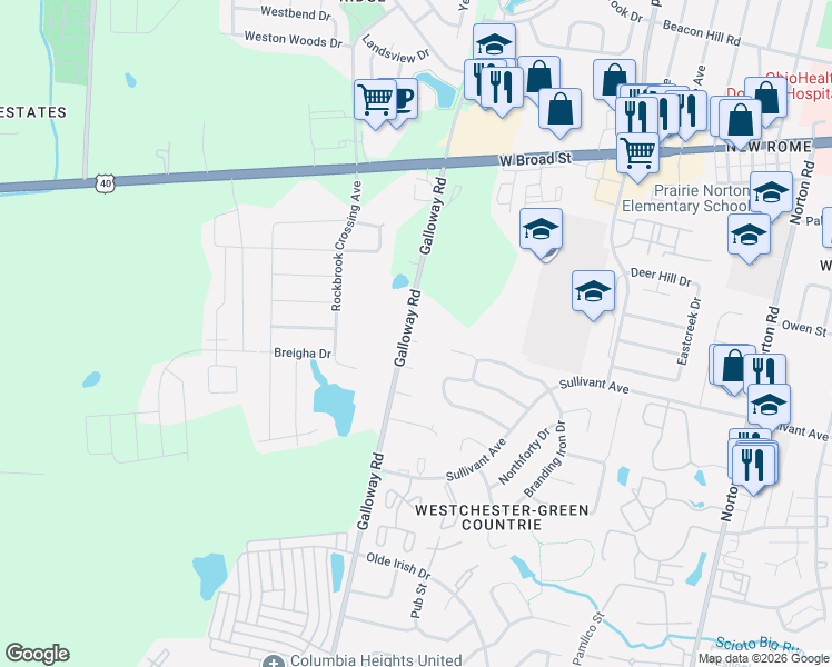 map of restaurants, bars, coffee shops, grocery stores, and more near 179 Galloway Road in Galloway