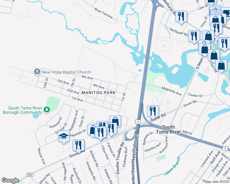 map of restaurants, bars, coffee shops, grocery stores, and more near 31 4th Avenue in Toms River