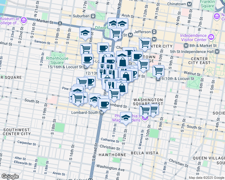 map of restaurants, bars, coffee shops, grocery stores, and more near 318 South Juniper Street in Philadelphia