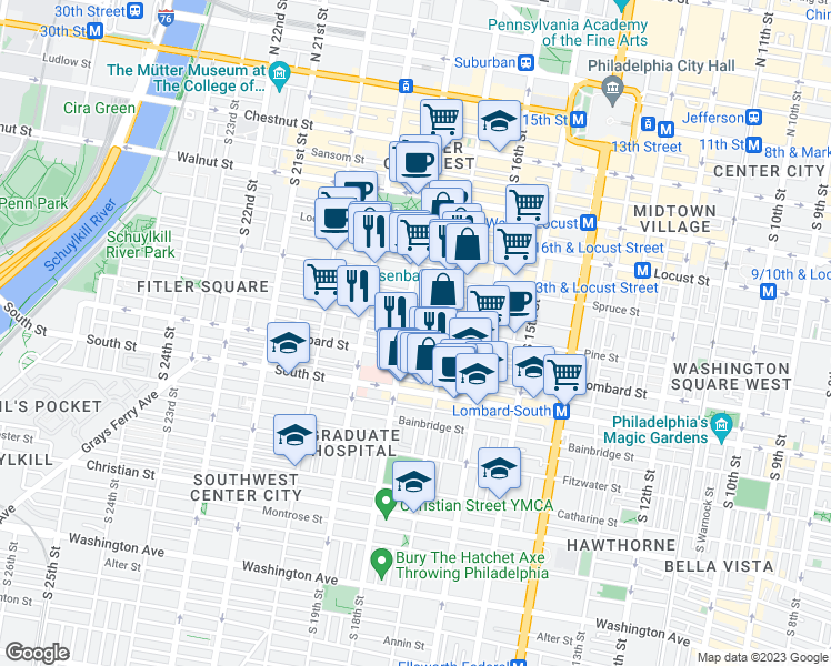 map of restaurants, bars, coffee shops, grocery stores, and more near 1730 Pine Street in Philadelphia