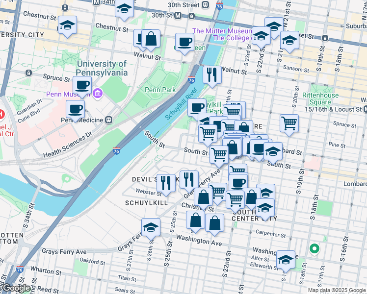 map of restaurants, bars, coffee shops, grocery stores, and more near 2617 South Street in Philadelphia