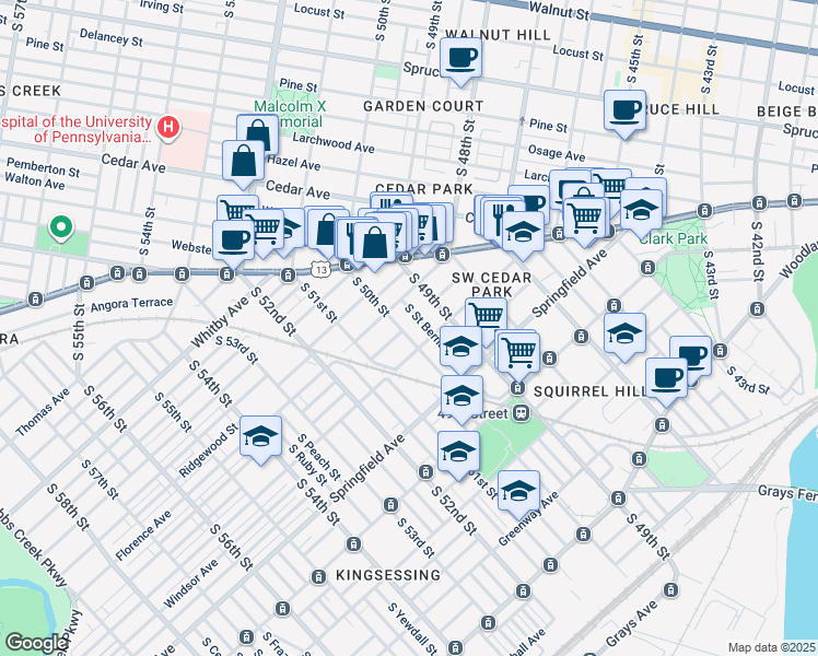 map of restaurants, bars, coffee shops, grocery stores, and more near 931 South 50th Street in Philadelphia