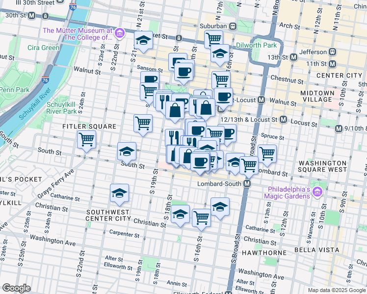 map of restaurants, bars, coffee shops, grocery stores, and more near 1730 Pine Street in Philadelphia