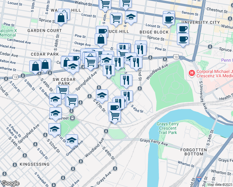 map of restaurants, bars, coffee shops, grocery stores, and more near 4506 Kingsessing Avenue in Philadelphia
