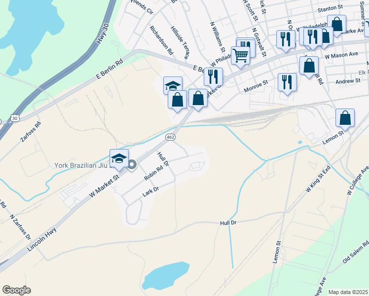map of restaurants, bars, coffee shops, grocery stores, and more near Duvall Avenue in York County
