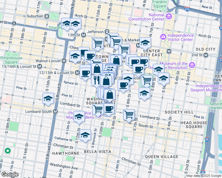 map of restaurants, bars, coffee shops, grocery stores, and more near 931 Spruce Street in Philadelphia