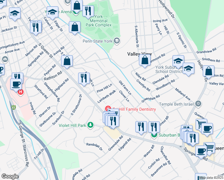 map of restaurants, bars, coffee shops, grocery stores, and more near 381 Lambeth Walk in York