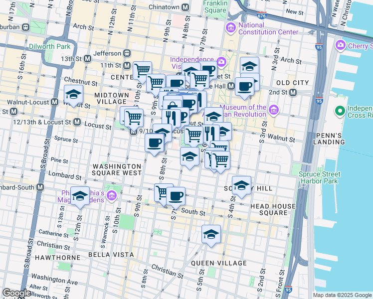 map of restaurants, bars, coffee shops, grocery stores, and more near 241 South 7th Street in Philadelphia