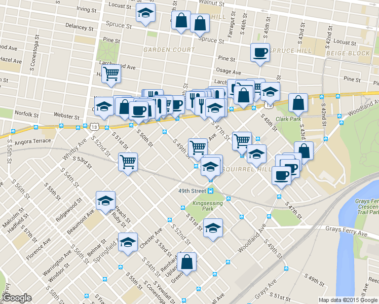 map of restaurants, bars, coffee shops, grocery stores, and more near 911 South 49th Street in Philadelphia