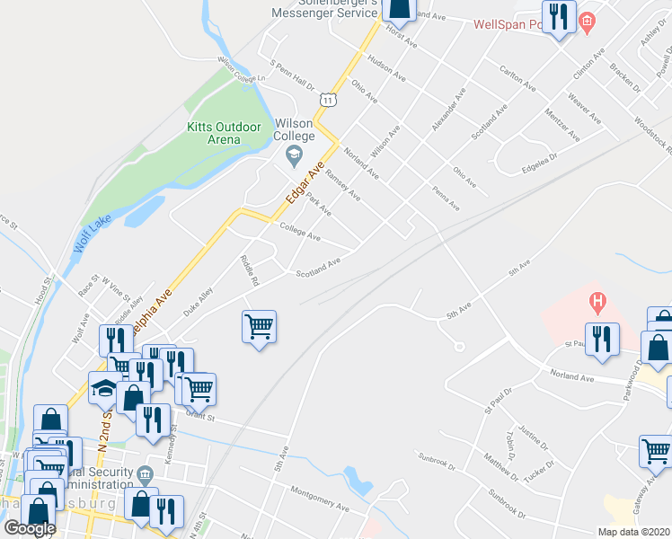 map of restaurants, bars, coffee shops, grocery stores, and more near 988 Scotland Avenue in Chambersburg