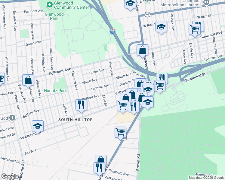 map of restaurants, bars, coffee shops, grocery stores, and more near 1615 Thomas Avenue in Columbus