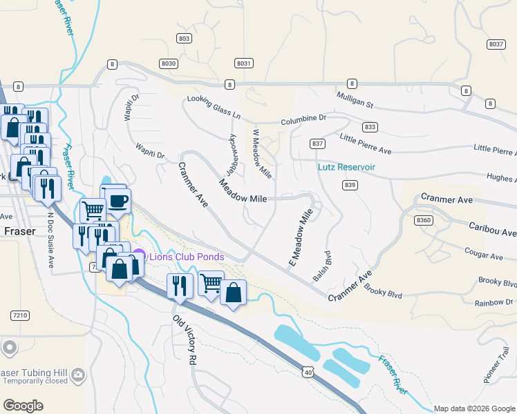 map of restaurants, bars, coffee shops, grocery stores, and more near in Grand County