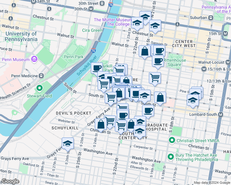 map of restaurants, bars, coffee shops, grocery stores, and more near 2311 Naudain Street in Philadelphia
