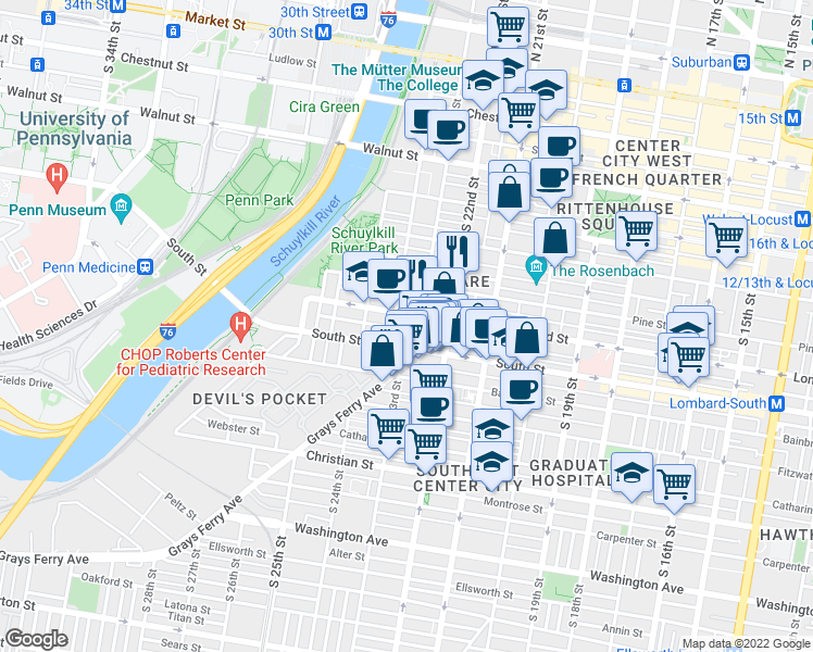 map of restaurants, bars, coffee shops, grocery stores, and more near 2311 Naudain Street in Philadelphia