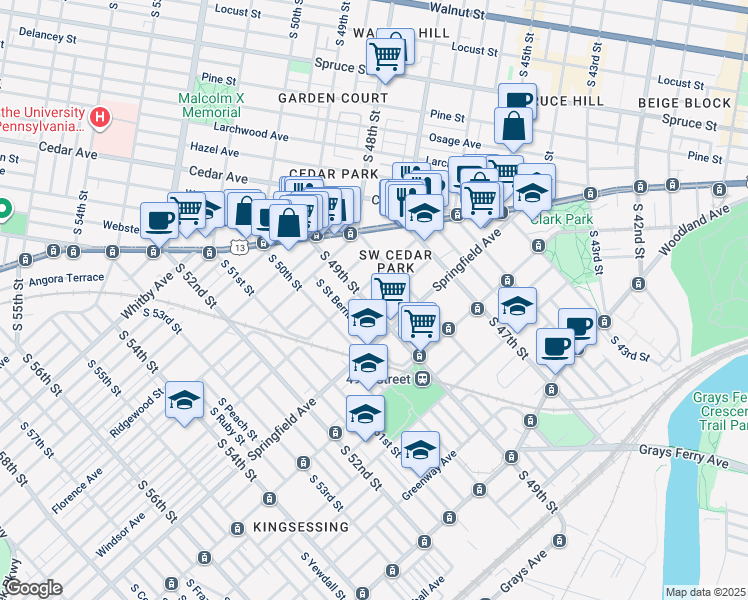 map of restaurants, bars, coffee shops, grocery stores, and more near 911 South 49th Street in Philadelphia