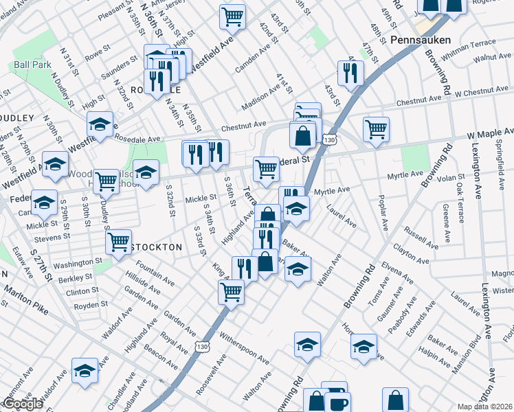 map of restaurants, bars, coffee shops, grocery stores, and more near Highland Ave & Terrace Ave in Camden
