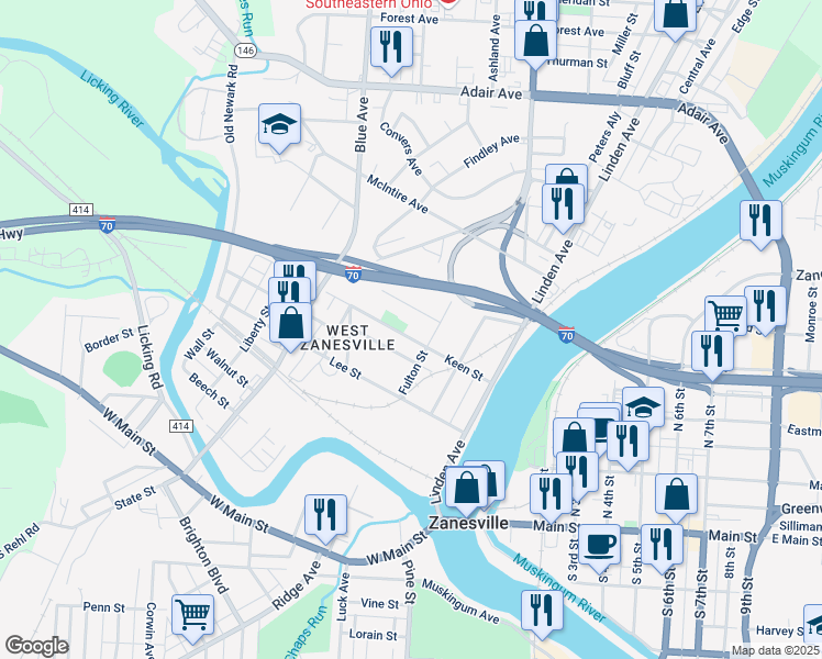 map of restaurants, bars, coffee shops, grocery stores, and more near 838 Turner Street in Zanesville