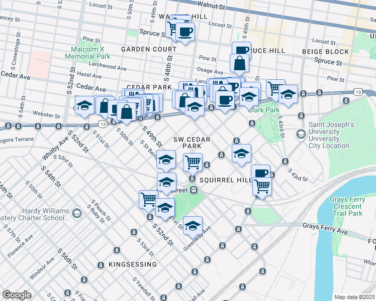 map of restaurants, bars, coffee shops, grocery stores, and more near 4801 Springfield Avenue in Philadelphia