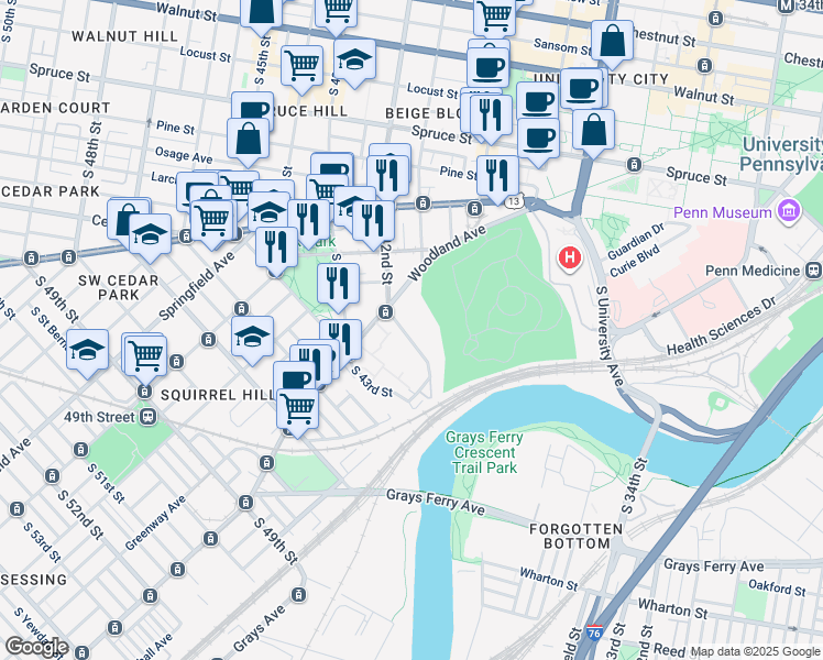 map of restaurants, bars, coffee shops, grocery stores, and more near 734 South 42nd Street in Philadelphia