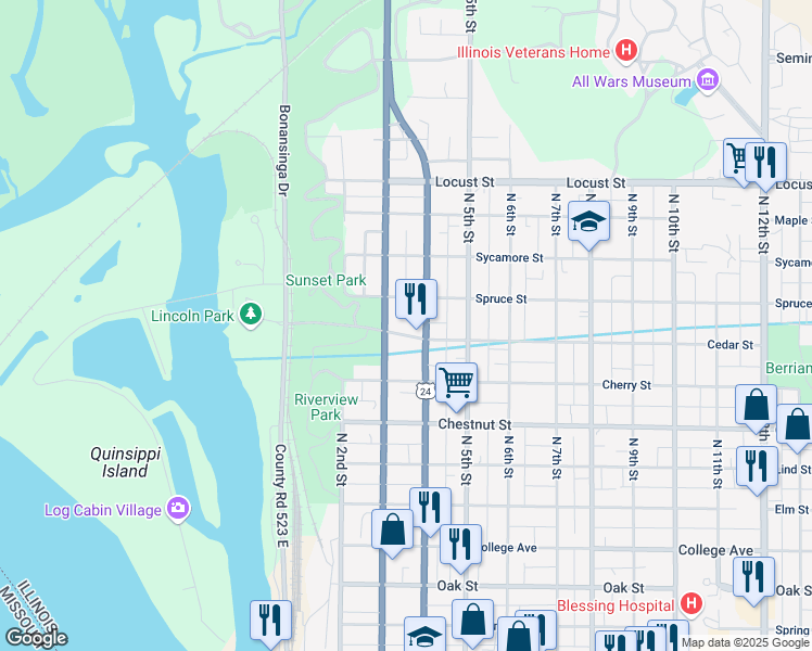 map of restaurants, bars, coffee shops, grocery stores, and more near 1223 North 4th Street in Quincy