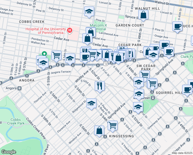 map of restaurants, bars, coffee shops, grocery stores, and more near 5119 Willows Avenue in Philadelphia