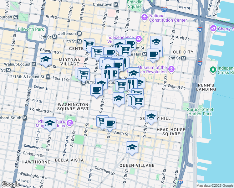 map of restaurants, bars, coffee shops, grocery stores, and more near 241 South 7th Street in Philadelphia
