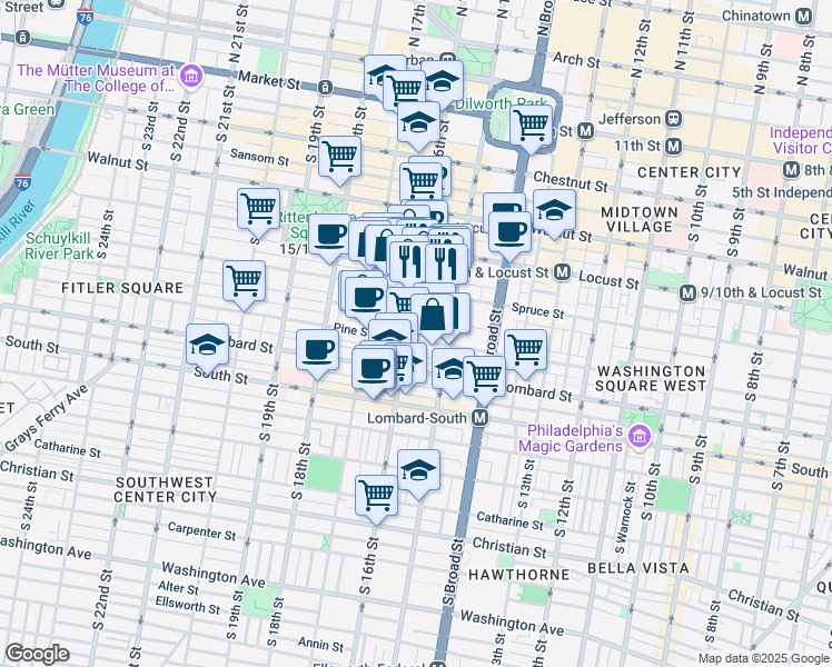 map of restaurants, bars, coffee shops, grocery stores, and more near 325 South 16th Street in Philadelphia