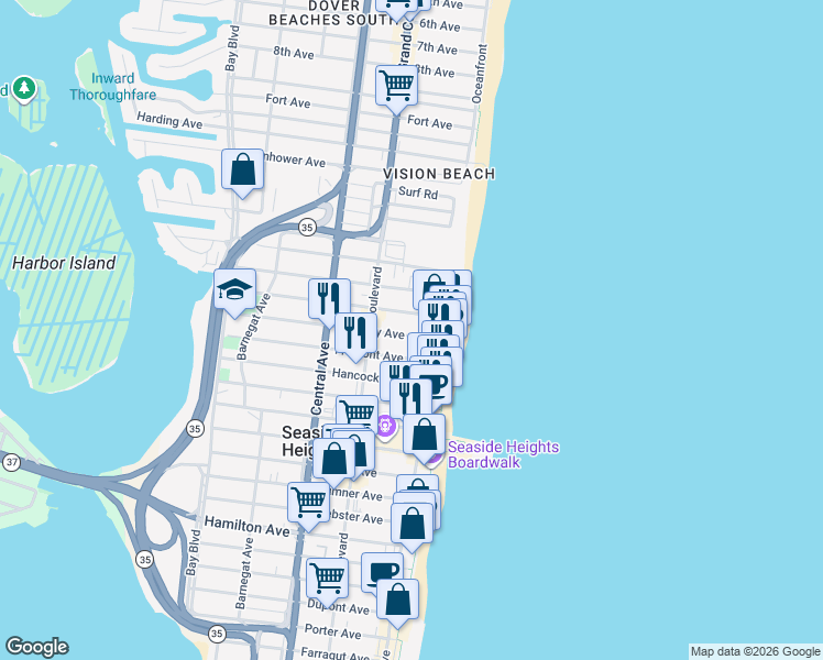map of restaurants, bars, coffee shops, grocery stores, and more near 41 Carteret Avenue in Seaside Heights