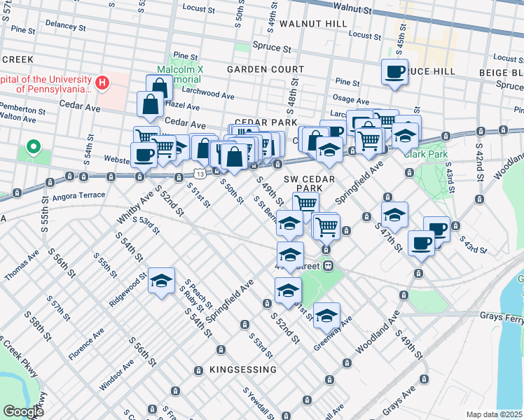 map of restaurants, bars, coffee shops, grocery stores, and more near 824 South Saint Bernard Street in Philadelphia