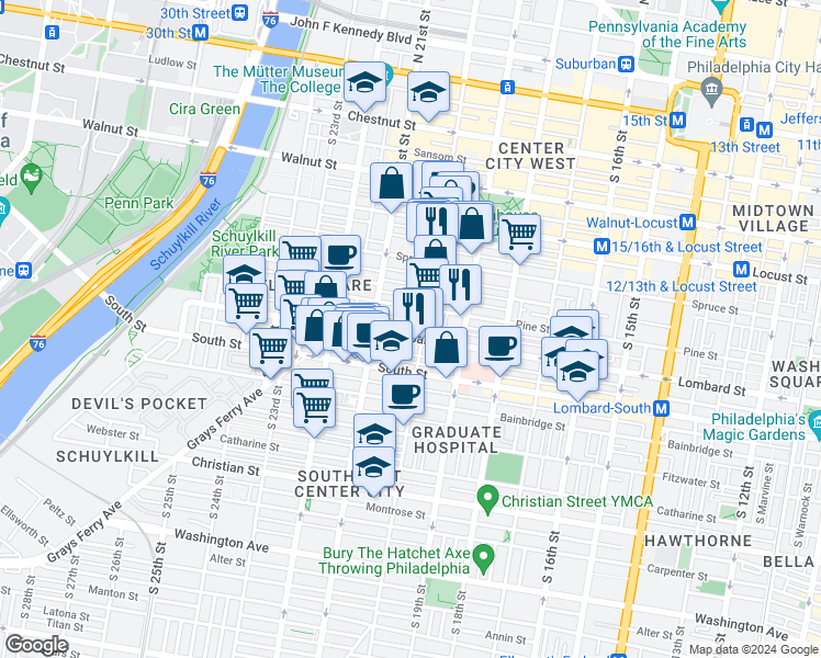 map of restaurants, bars, coffee shops, grocery stores, and more near 2012 Addison Street in Philadelphia