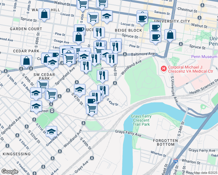 map of restaurants, bars, coffee shops, grocery stores, and more near 4445 Woodland Avenue in Philadelphia