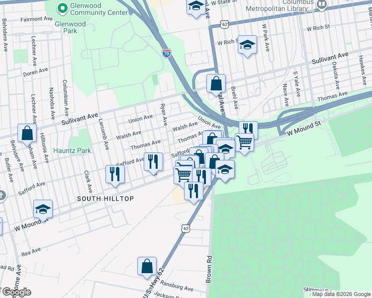 map of restaurants, bars, coffee shops, grocery stores, and more near 1548 Safford Avenue in Columbus