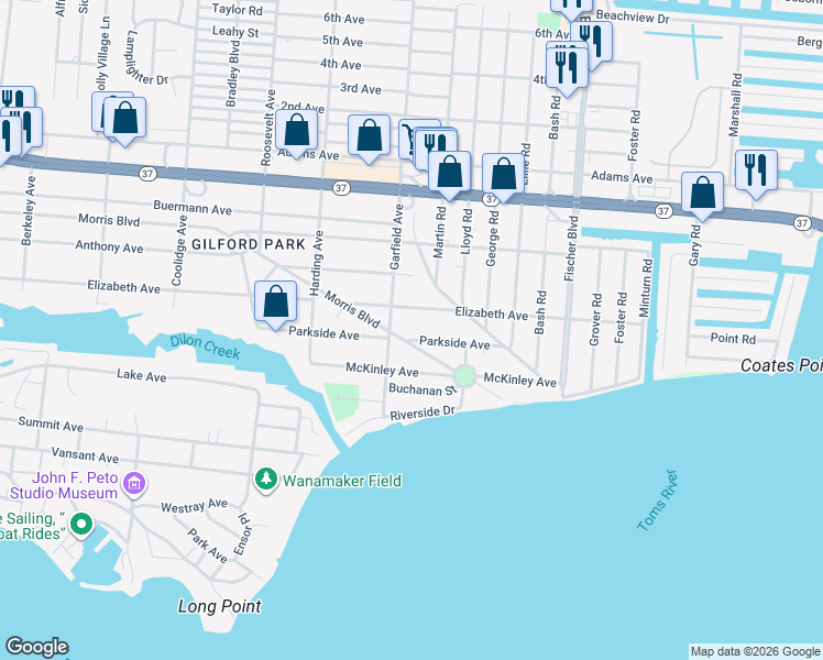map of restaurants, bars, coffee shops, grocery stores, and more near 724 Elizabeth Avenue in Toms River