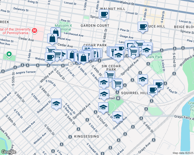 map of restaurants, bars, coffee shops, grocery stores, and more near 4913 Warrington Avenue in Philadelphia