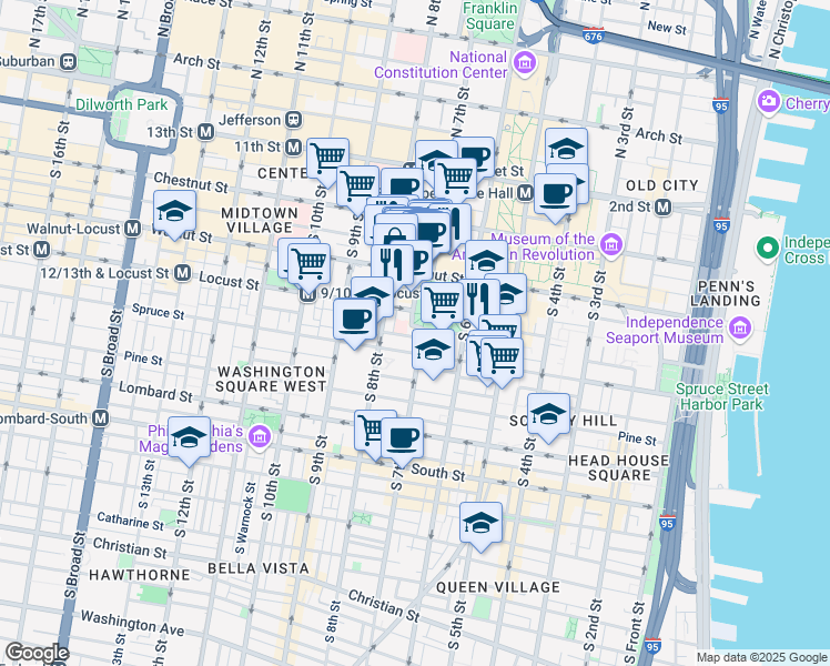map of restaurants, bars, coffee shops, grocery stores, and more near in Philadelphia