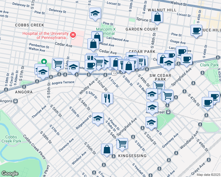map of restaurants, bars, coffee shops, grocery stores, and more near 5119 Willows Avenue in Philadelphia