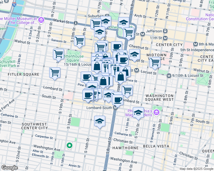 map of restaurants, bars, coffee shops, grocery stores, and more near 338 South 15th Street in Philadelphia