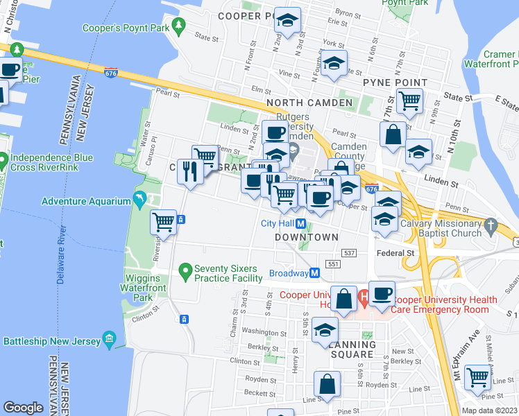 map of restaurants, bars, coffee shops, grocery stores, and more near Market St & N 3rd St in Camden