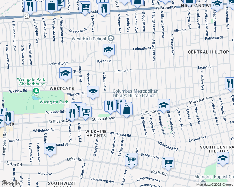 map of restaurants, bars, coffee shops, grocery stores, and more near 406 South Powell Avenue in Columbus