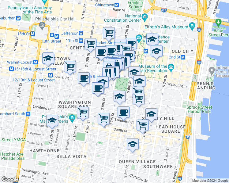 map of restaurants, bars, coffee shops, grocery stores, and more near 704-6 South Washington Square in Philadelphia