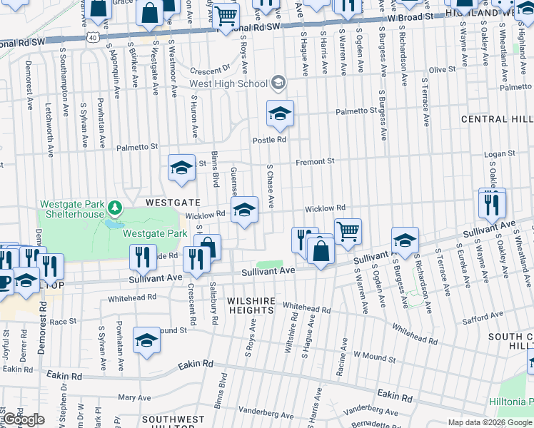 map of restaurants, bars, coffee shops, grocery stores, and more near 2889 Wicklow Road in Columbus