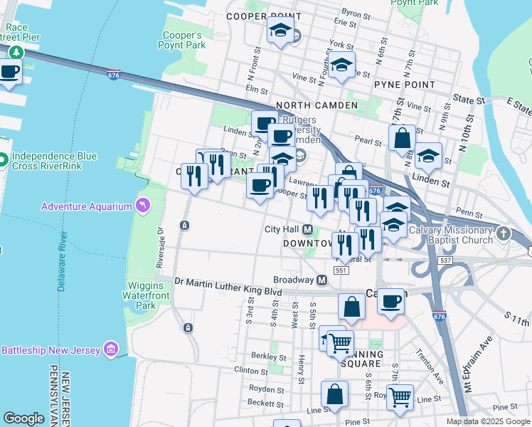 map of restaurants, bars, coffee shops, grocery stores, and more near 301 Market Street in Camden