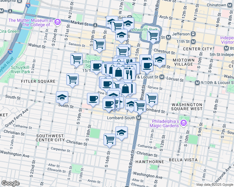 map of restaurants, bars, coffee shops, grocery stores, and more near 325 South 16th Street in Philadelphia